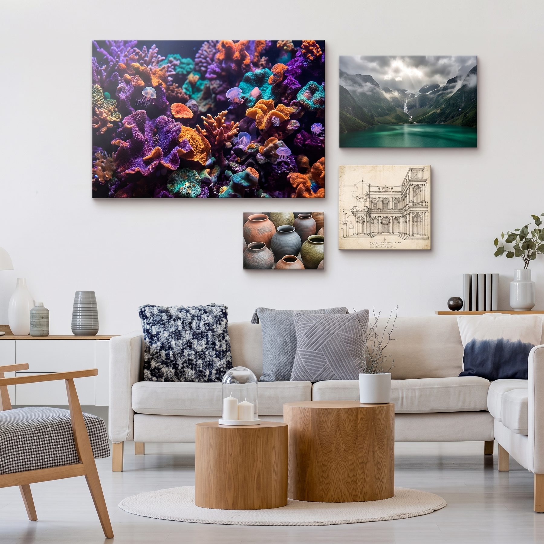 Una pared decorada con fotografías